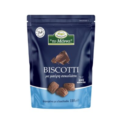 Biscotti küpsised oliiviõli ja tumeda šokolaadiga the Manna brändilt 110 g pakendis.