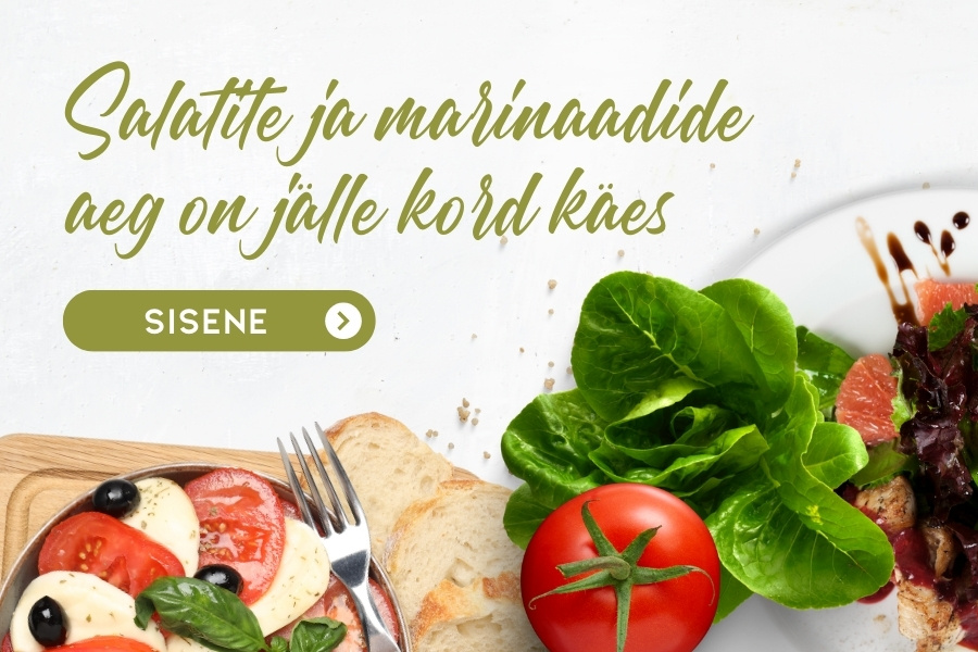 Pildil on valgel taustalal salatitaldrik ja salatikomponendid. Kujundus reklaamib palsamiäädikaid.