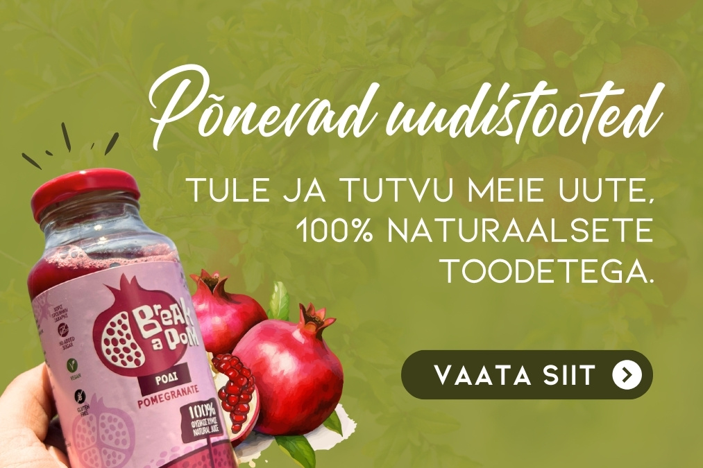 Kreeta Maitsed avalehe mobiilibänner üleskutsega uudistoodetega tutvuma. Uudistoodetest on bännerile lisatud naturaalne granaatõunamahl.