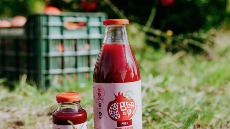 Esiplaanil kaks granaatõunamahlaga pudelit. Üks suur ja teine väike. Taamal murul roheline plastikust puuviljakast, kust paistavad korjatud granaatõunad.