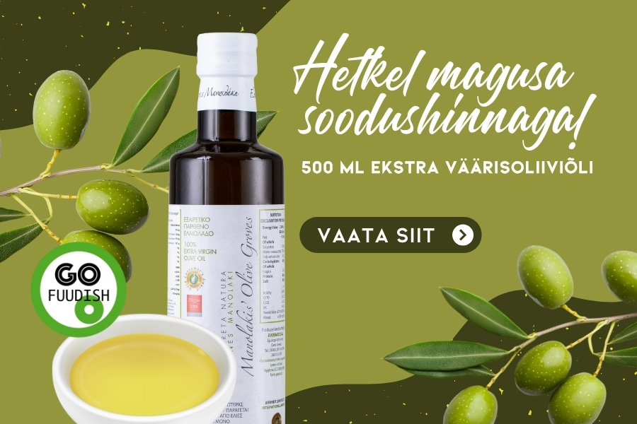 Reklaambänner rohelisel taustal, kus on kujutatud roheline oliivipuu oks, pudel 500 ml ekstra väärisoliiviõliga ning valge kauss oliiviõliga. Tekst bänneril: „Hetkel magusa soodushinnaga! 500 ml ekstra väärisoliiviõli“. Nupp tekstiga „VAATA SIIT“. Go Fuudish logo vasakul all nurgas.