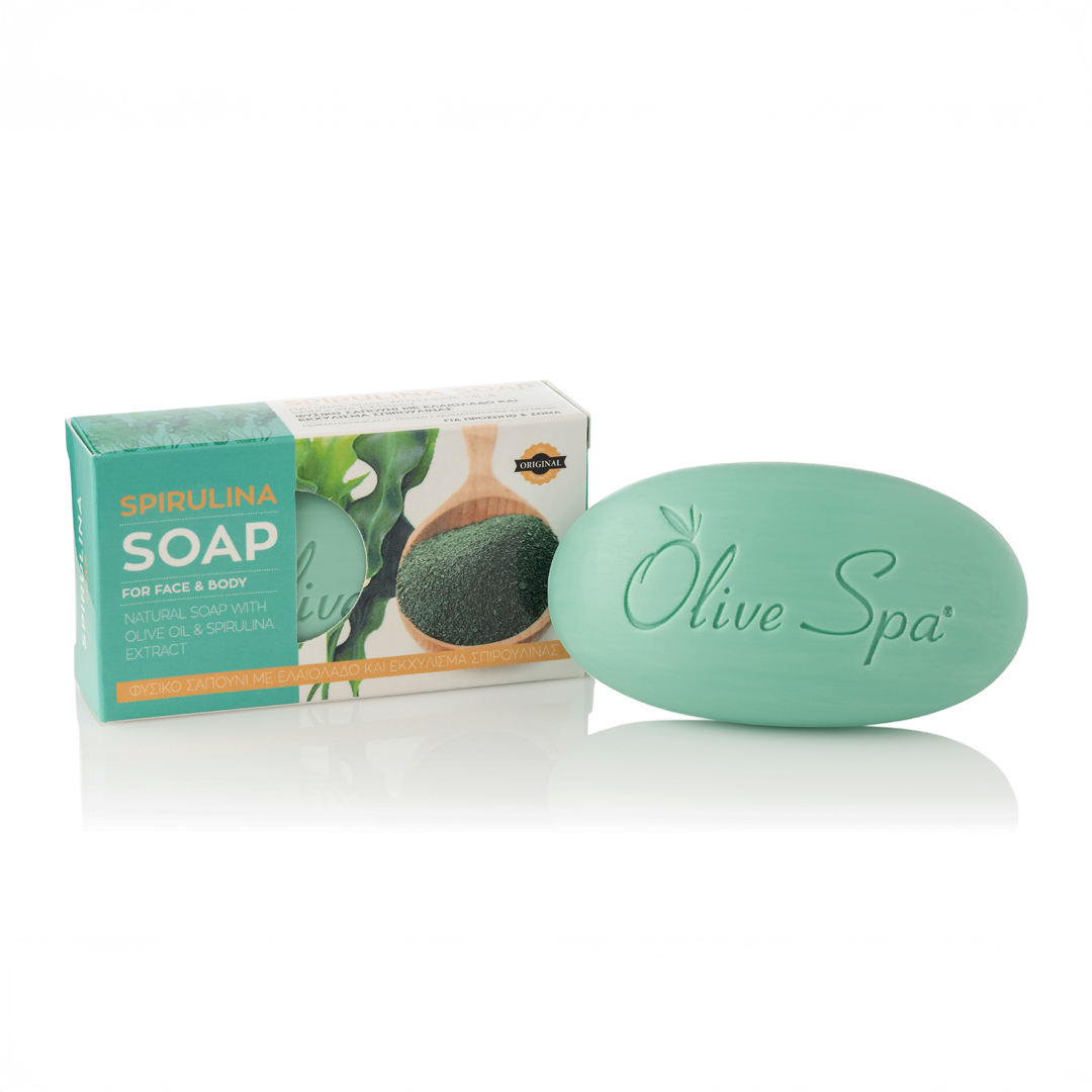 Seep oliiviõli ja spirulina ekstraktiga 85 g, Olive Spa – looduslik näo- ja kehaseep, mis puhastab õrnalt ning sisaldab oliiviõli ja spirulina ekstrakti.